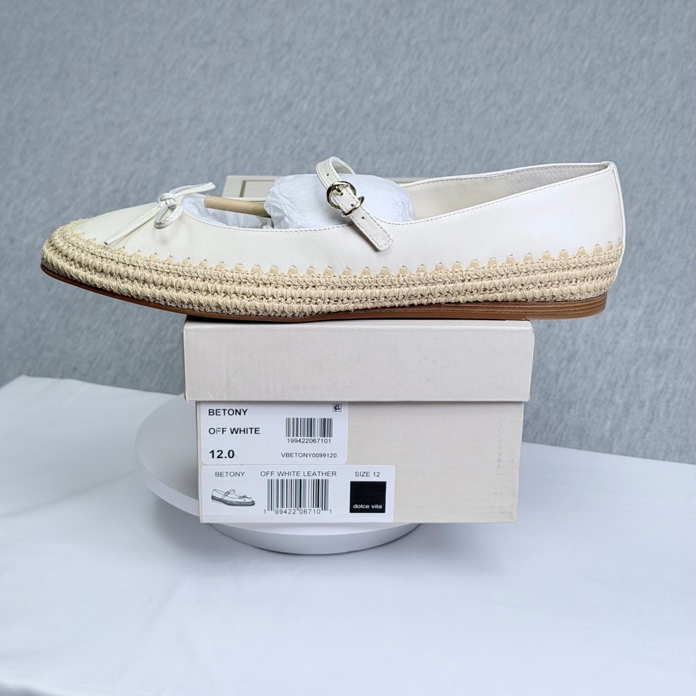 Dolce Vita Betony Off White Leather Mary Jane Raffia Trim Flats Size 12